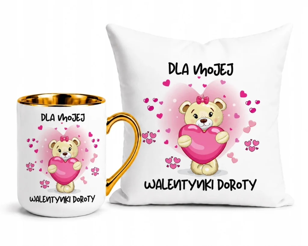 Zestaw Kubek Złoty + Poduszka Dla Mojej Walentynki Prezent Personalizowany