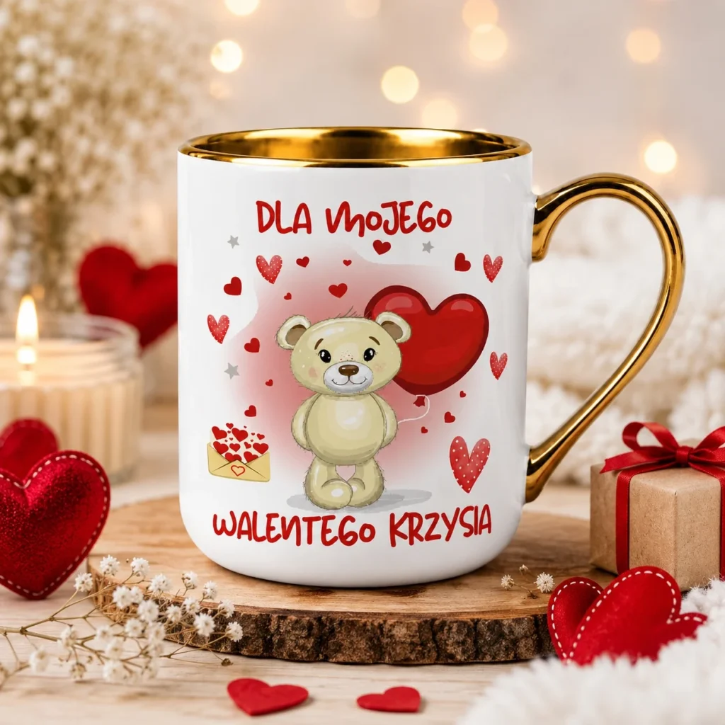 Kubek Personalizowany Dla Mojego Walentego + Imię Miś Serce Prezent