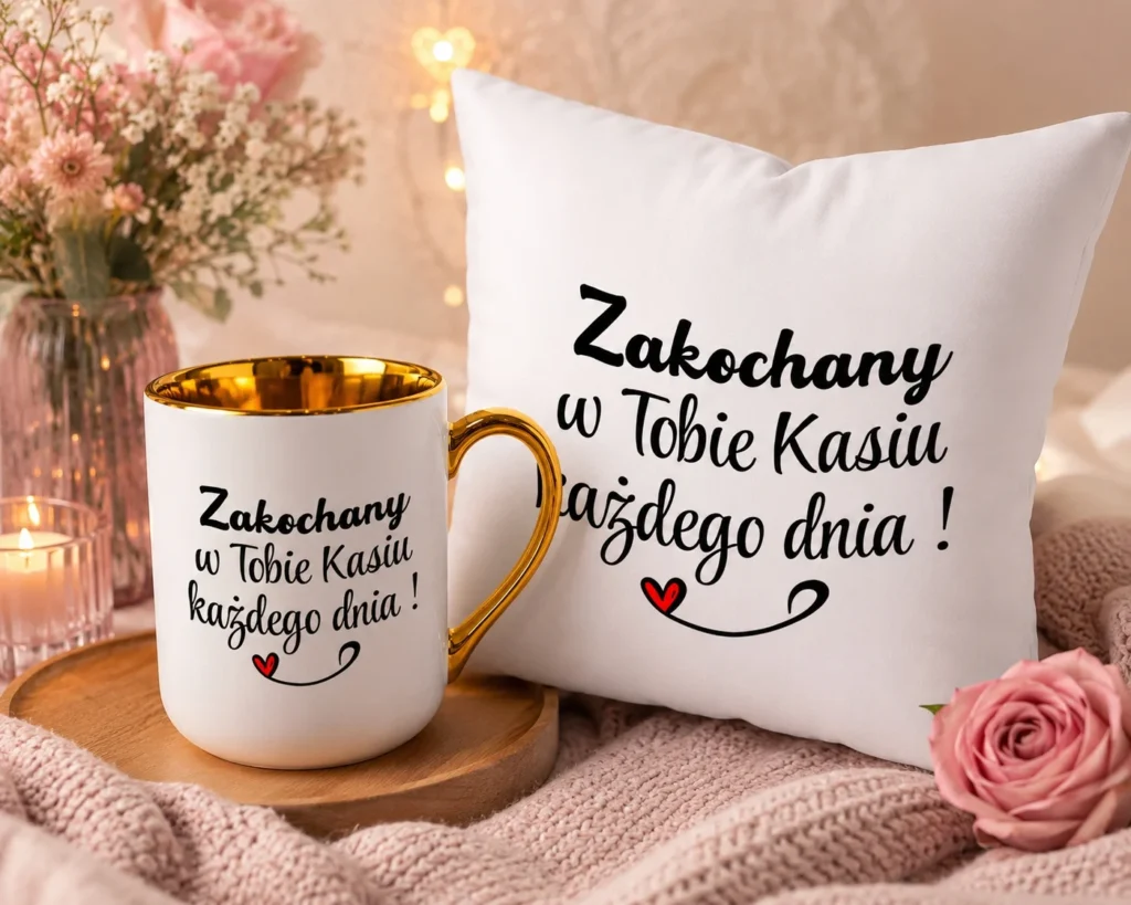 Zestaw Kubek i Poduszka Zakochany w Tobie Kasiu Prezent dla Dziewczyny Żony