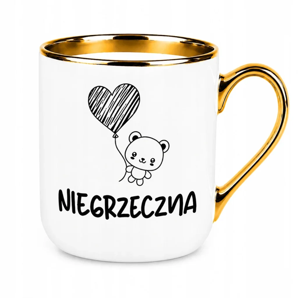 Kubek NIEGRZECZNA miś serce złoty uchwyt prezent dla kobiety