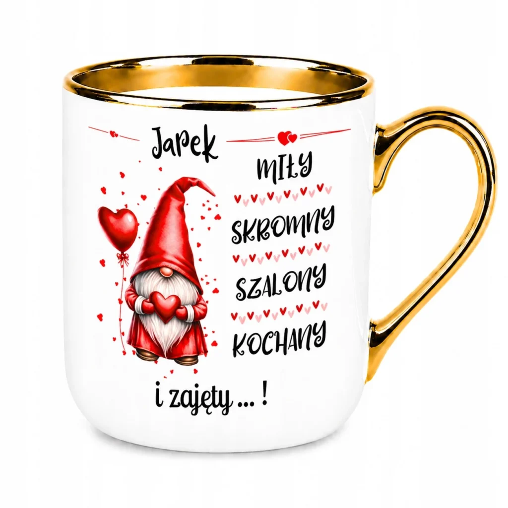 Kubek personalizowany z imieniem gnom prezent dla niego złoty rant 330 ml