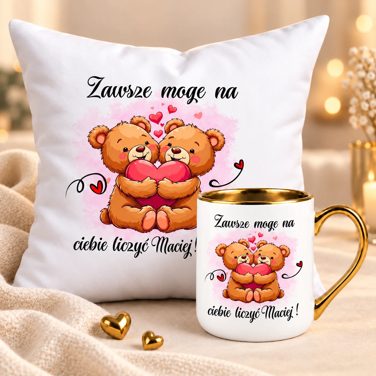 Zestaw Kubek Złoty + Poduszka Personalizowana Maciej Prezent Miłość