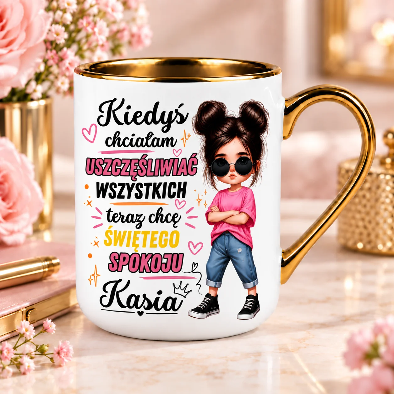 Kubek na prezent dla koleżanki Złoty Personalizowany Święty Spokój 330 ml