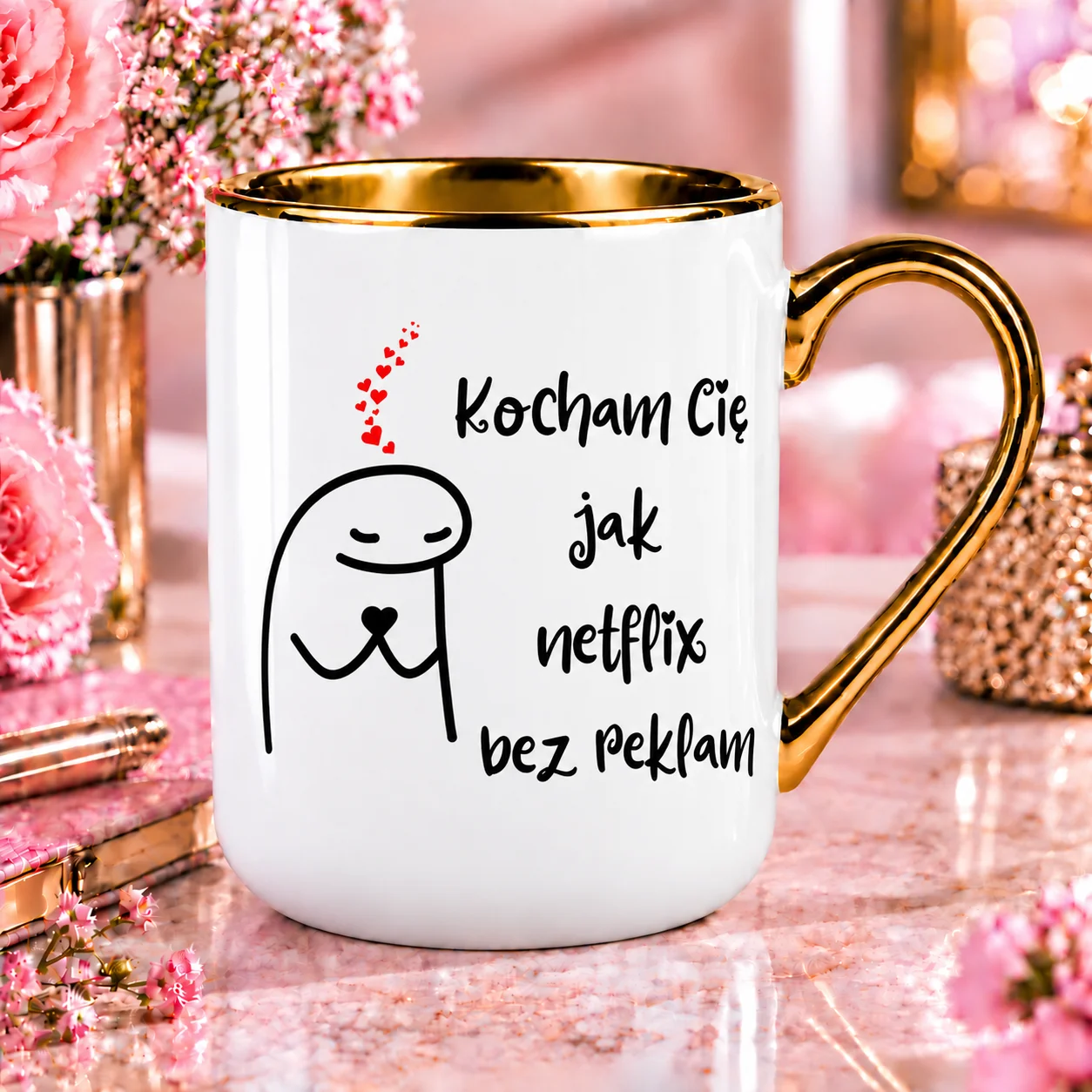 Elegancki kubek złoty rant napis Kocham Cię prezent dla niej dla niego