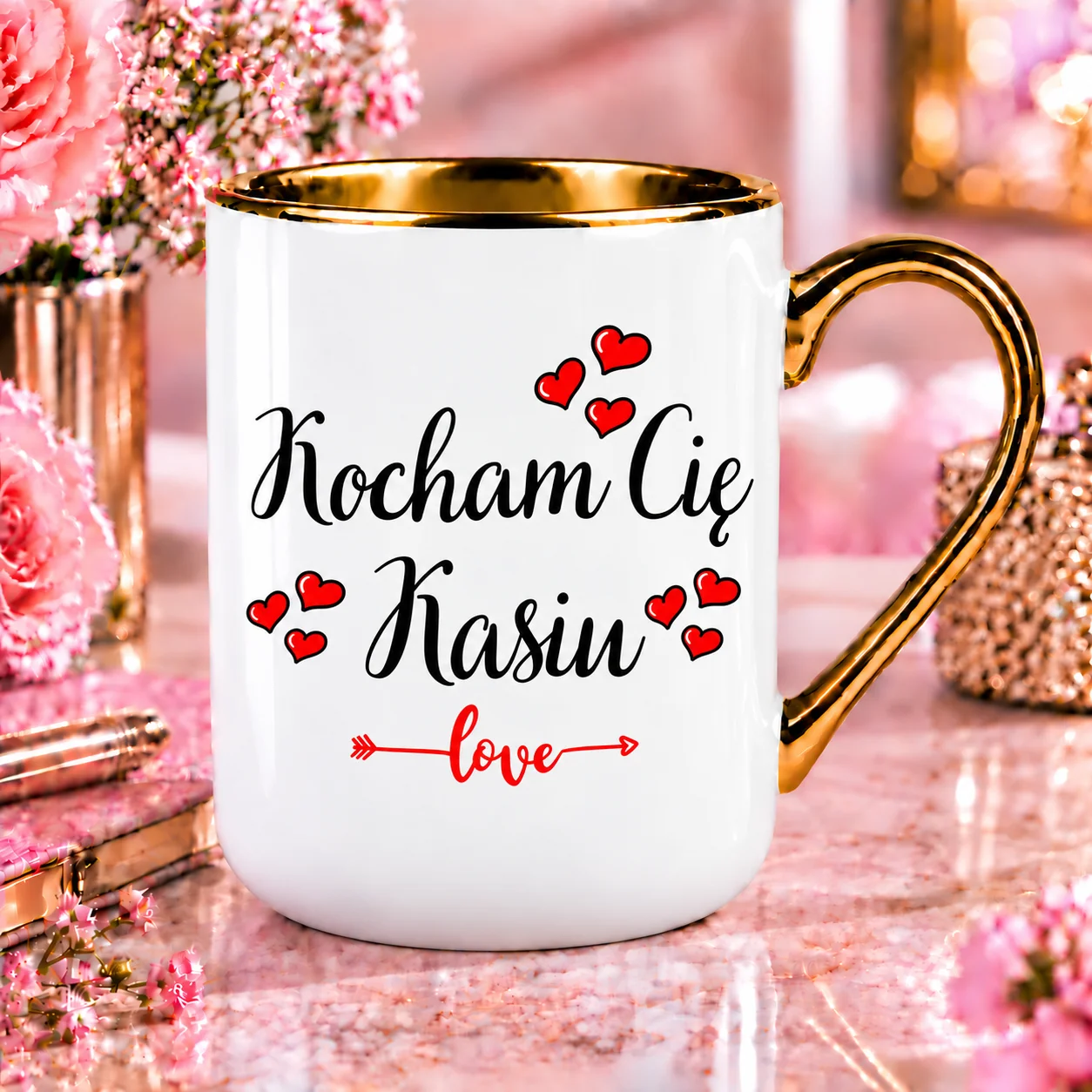 Kubek Kocham Cię Kasiu 330 ML Złoty Kubek Serce Prezent Dla Niej