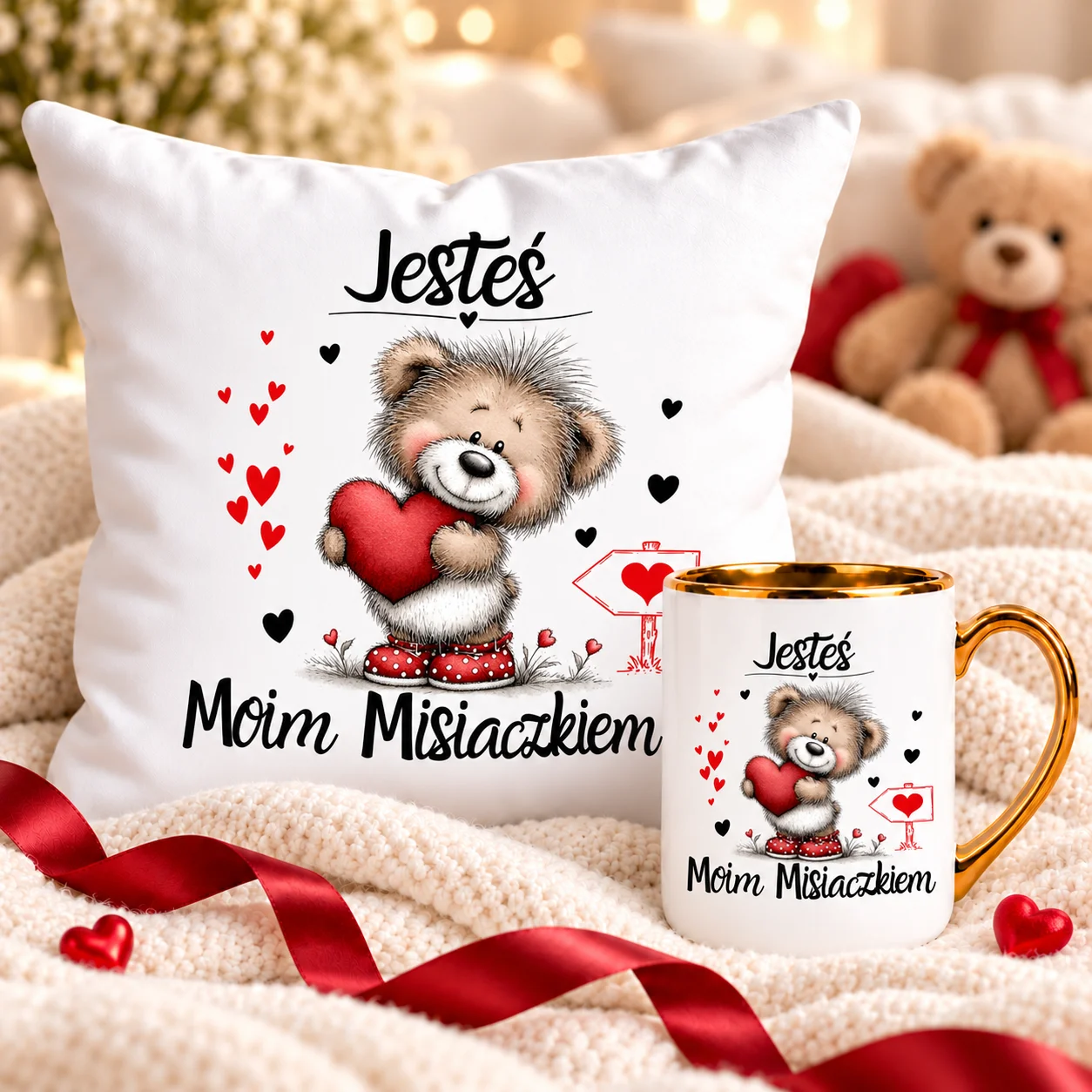 Zestaw Kubek Poduszka Dla Pary Personalizowany Jesteś Moim Misiaczkiem