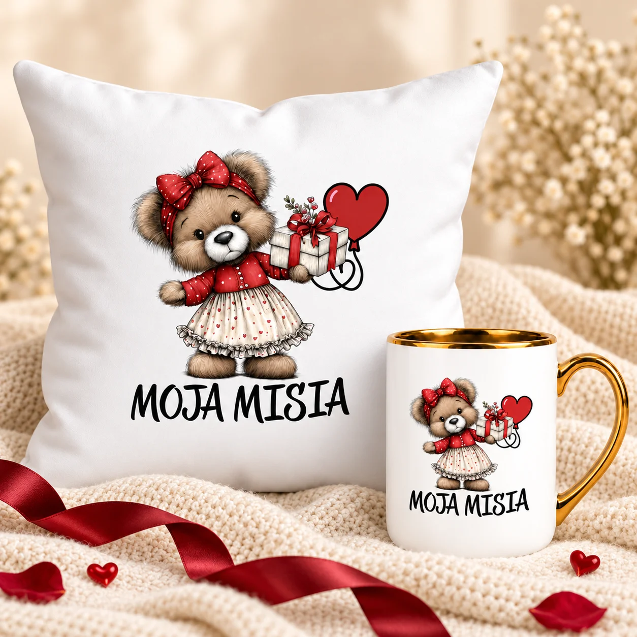 Kubek i Poduszka Personalizowany Zestaw Dla Niej Dziewczyny Moja Misia