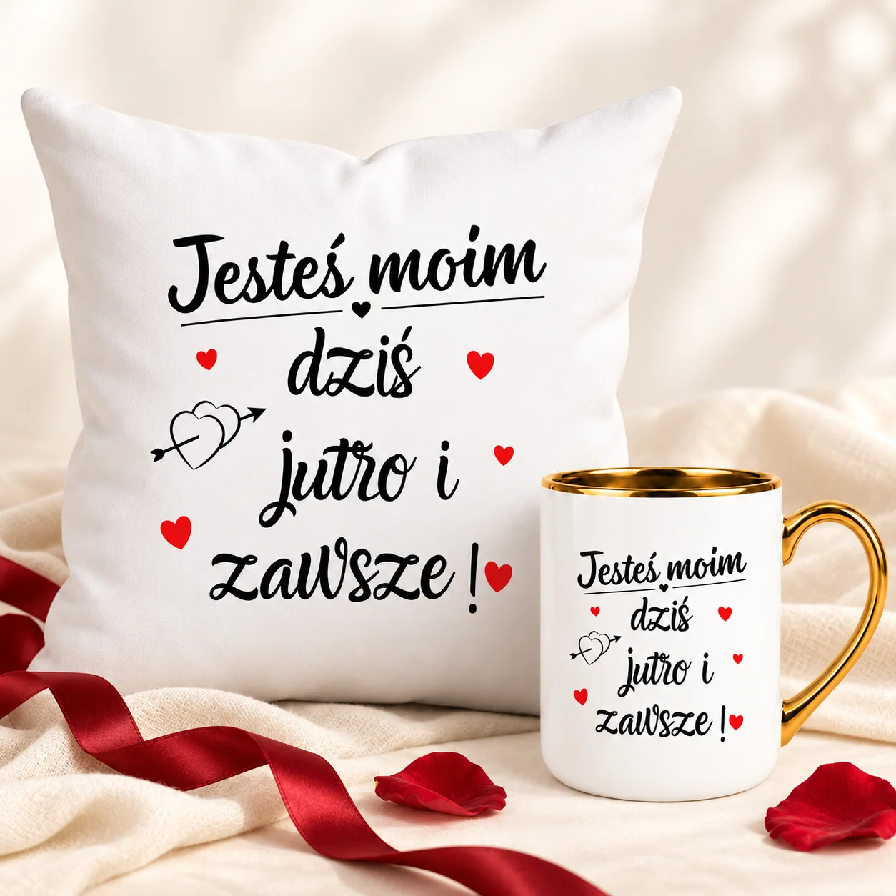 Kubek Poduszka Zestaw Personalizowany Dla Par Dziś Jutro i Zawsze