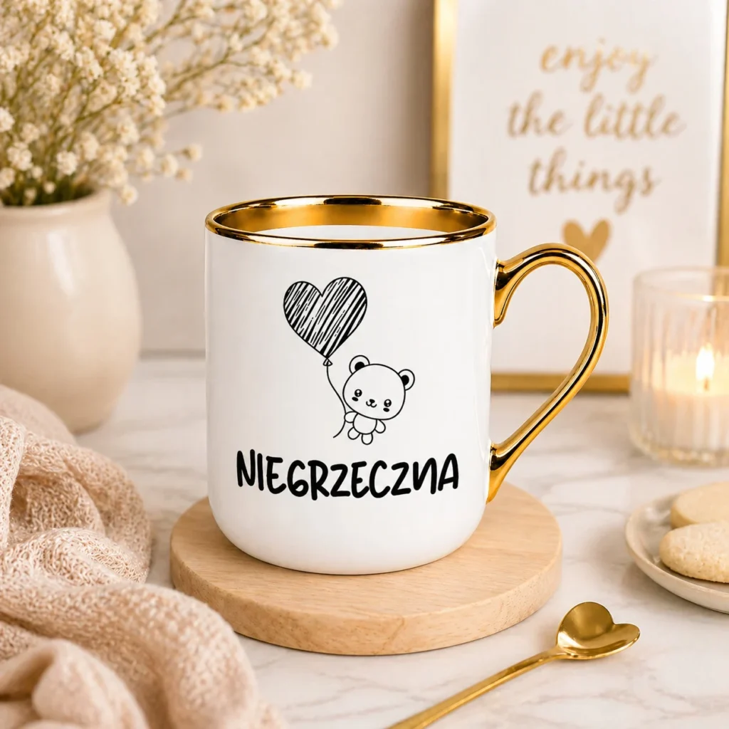 Kubek NIEGRZECZNA miś serce złoty uchwyt prezent dla kobiety