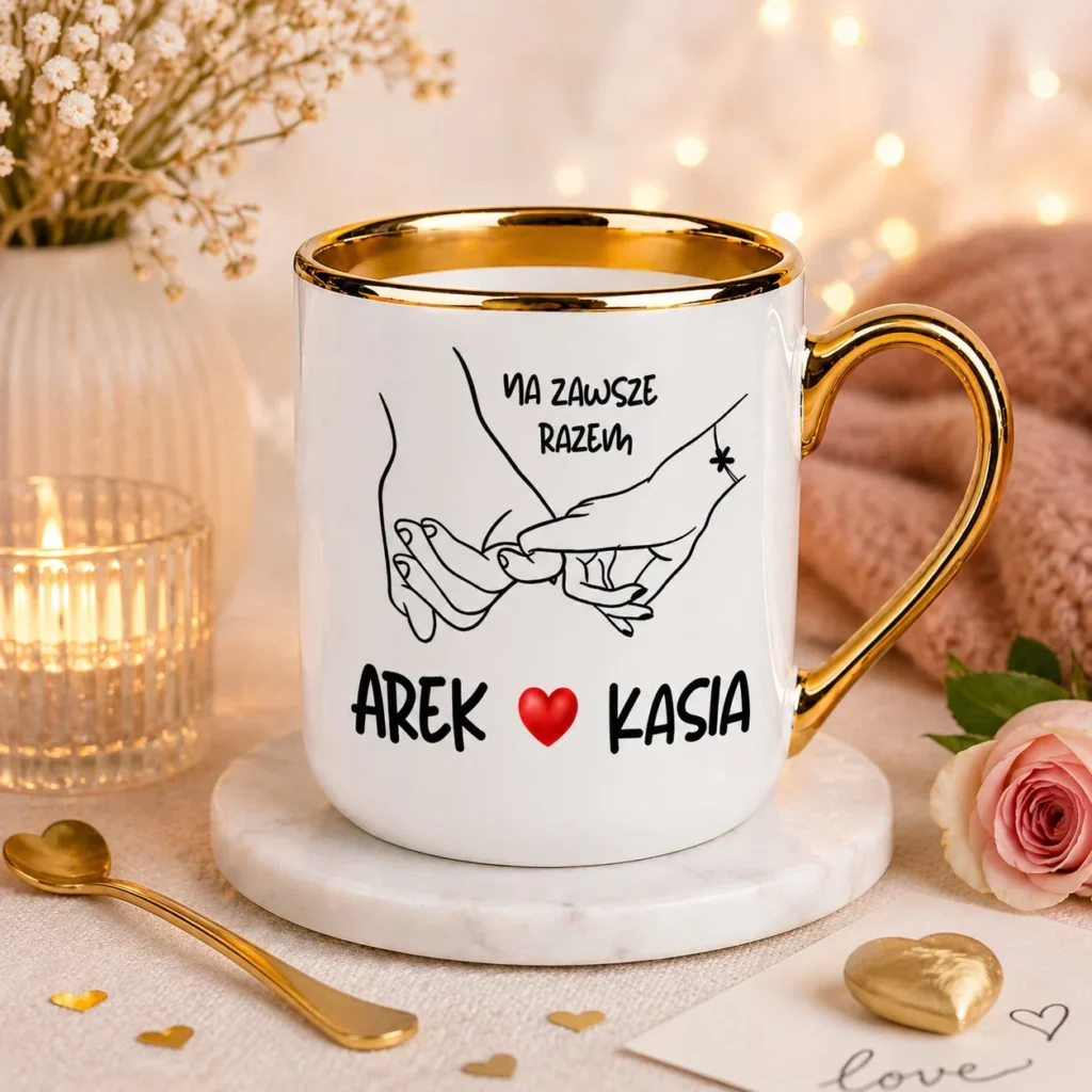 Kubek personalizowany złoty Arek Kasia na zawsze razem prezent