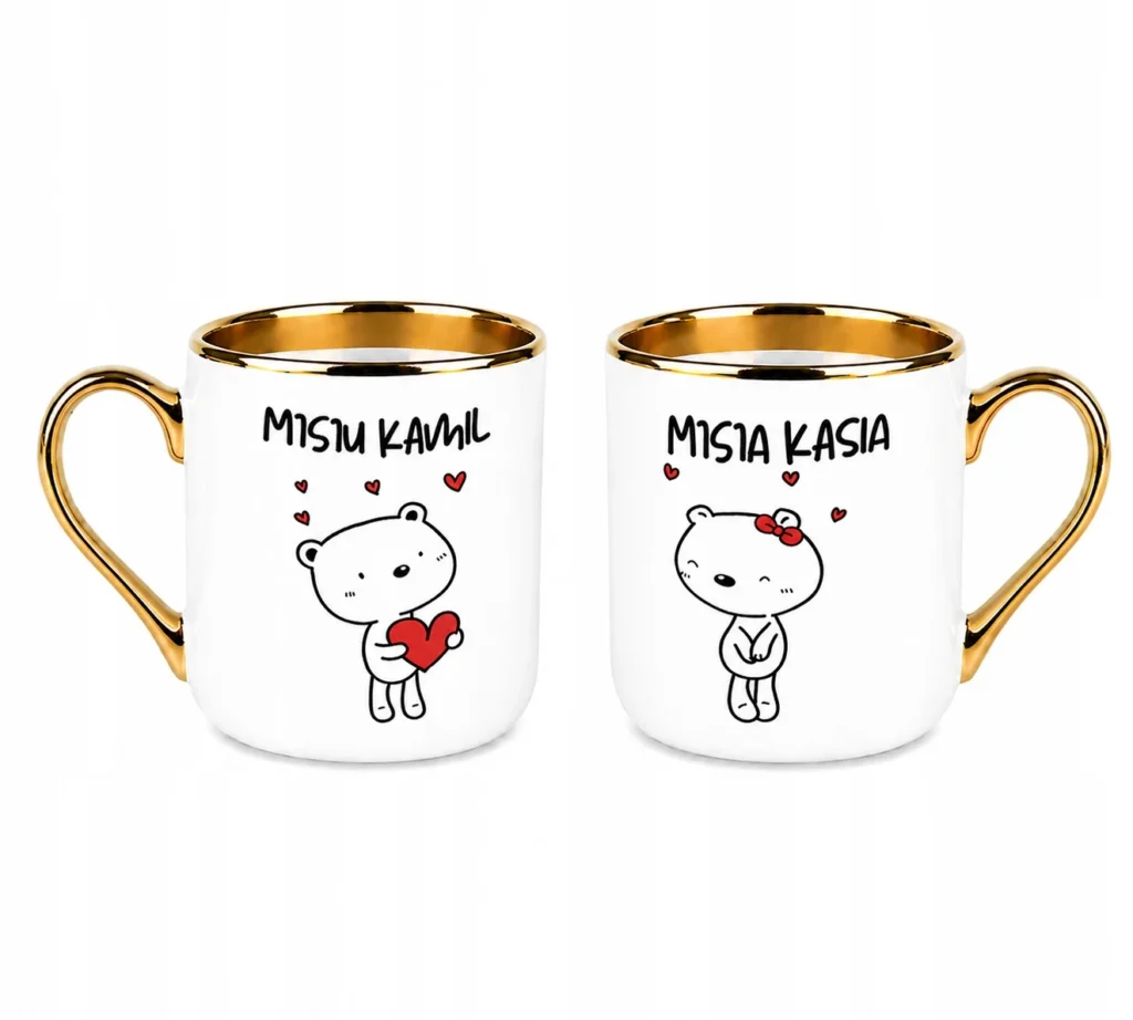 Kubki dla par personalizowane Misie Prezent złote ucho