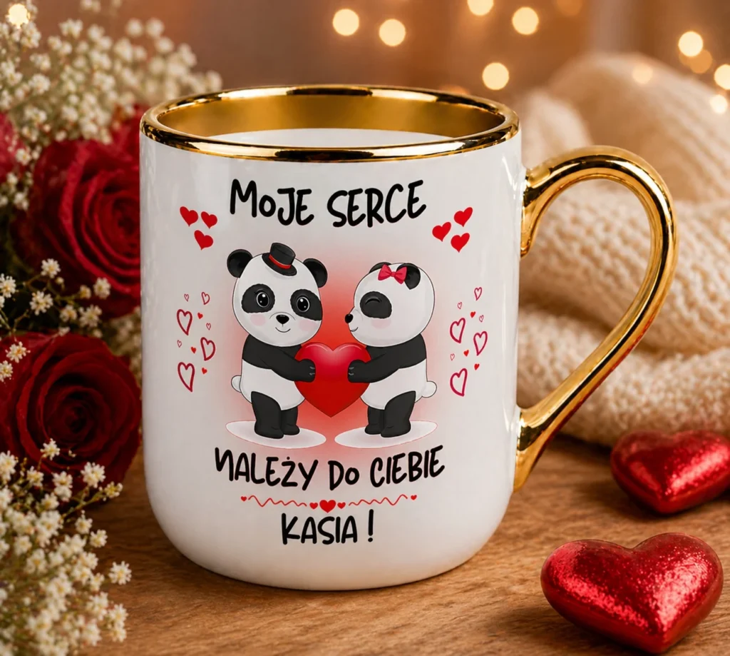 Kubek personalizowany panda serce z imieniem prezent dla niej
